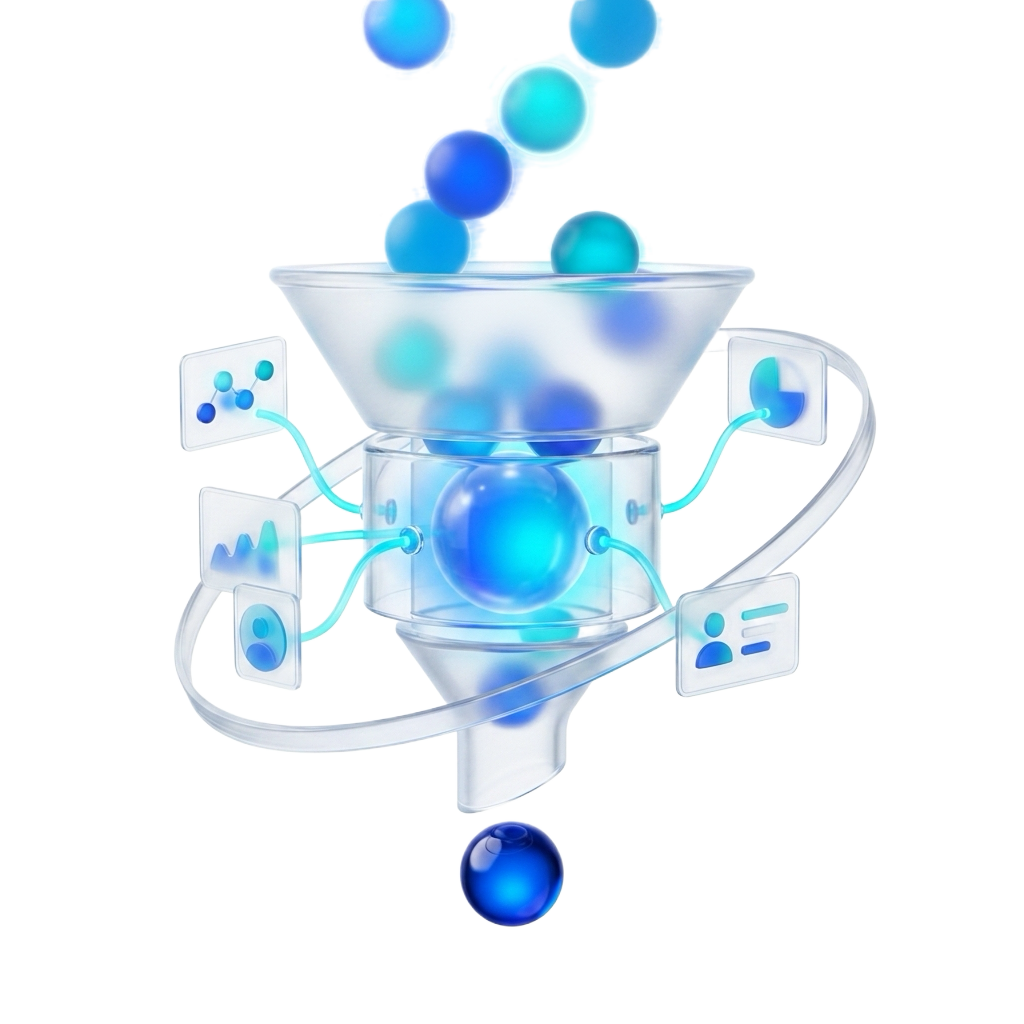 Transparent 3D data funnel representing account prioritization for ABM