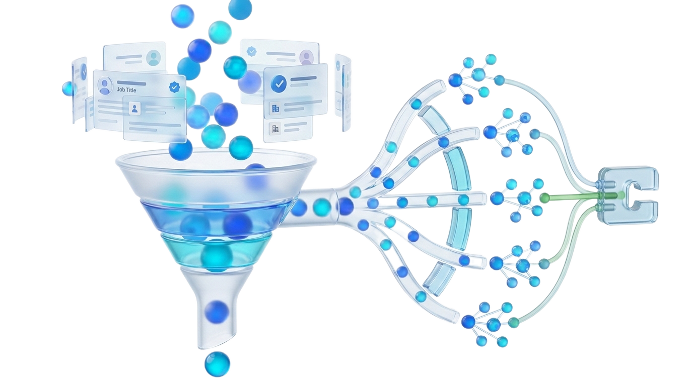 Wide glass B2B lead funnel sorting verified decision-maker records into CRM-ready audience paths