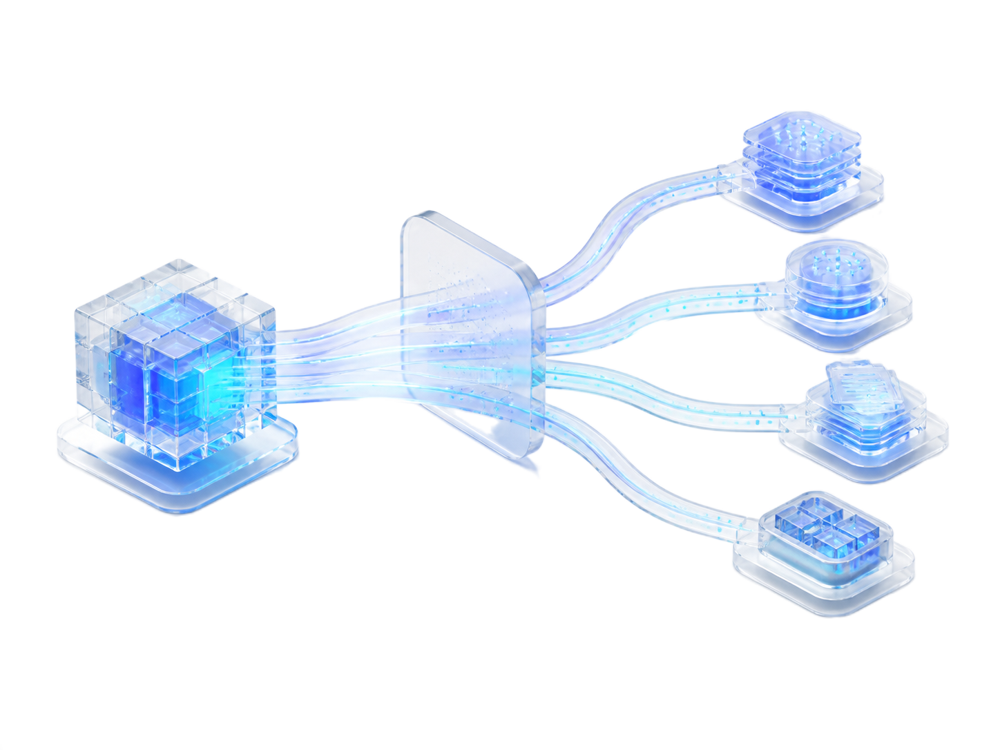 Licensed dataset routed through a controlled delivery layer to multiple approved destinations
