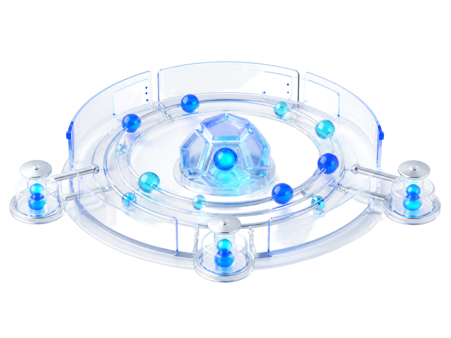 Translucent financial data orbit with connected audience nodes