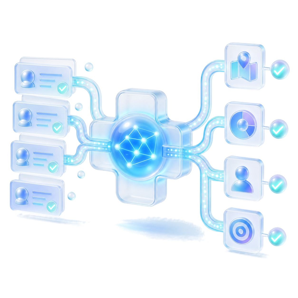 3D lead routing visual with verified lead cards moving through CRM routing paths