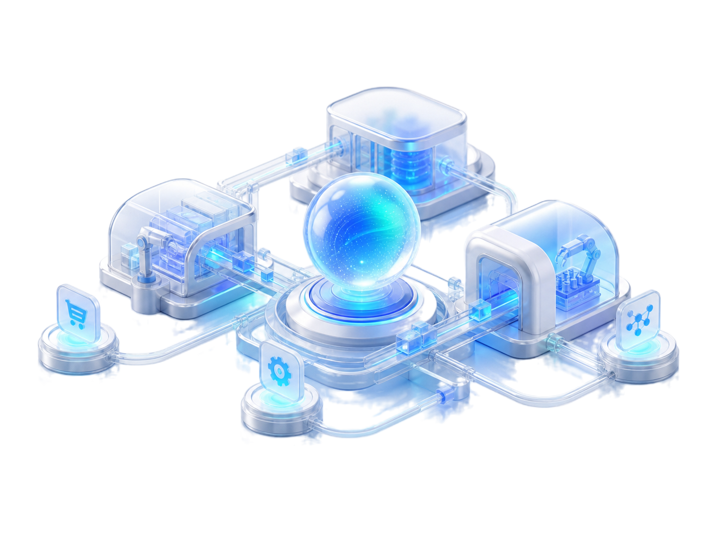 A translucent 3D smart-factory data core connecting production, procurement, and engineering modules