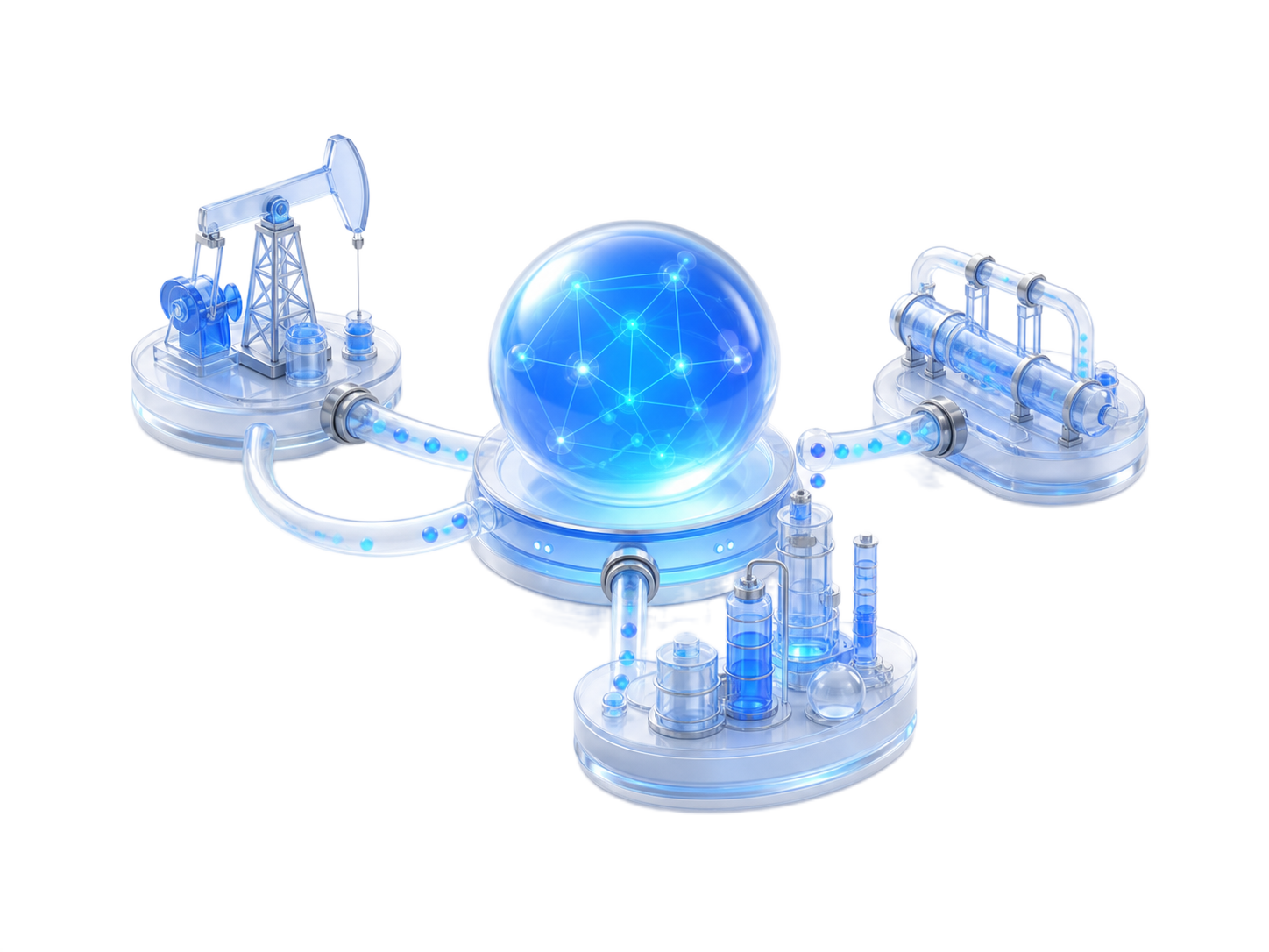 Glass 3D energy infrastructure network connecting extraction, pipeline and refinery systems