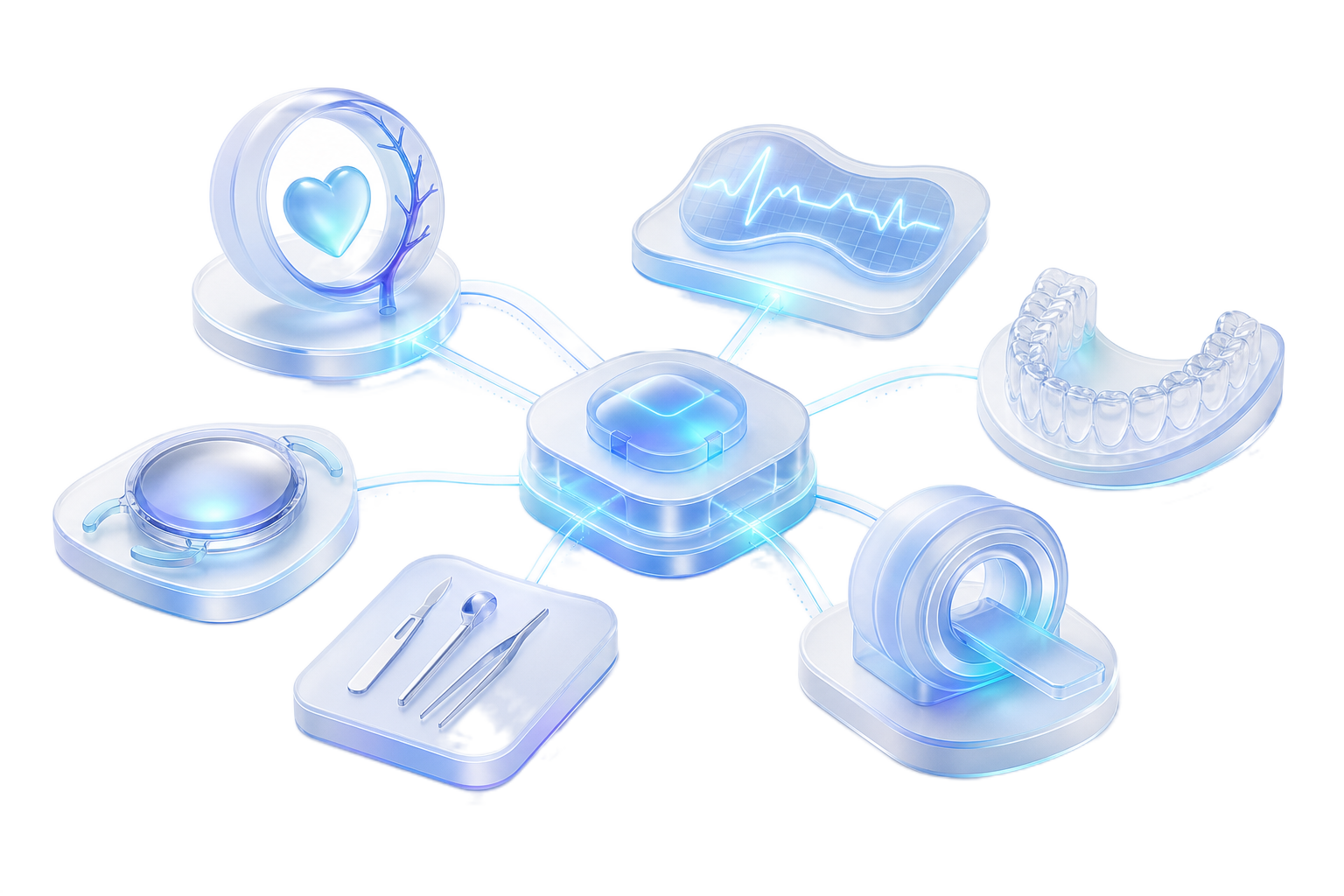 Connected glass modules representing cardiovascular, imaging, dental, surgical, ophthalmic, and monitoring device categories